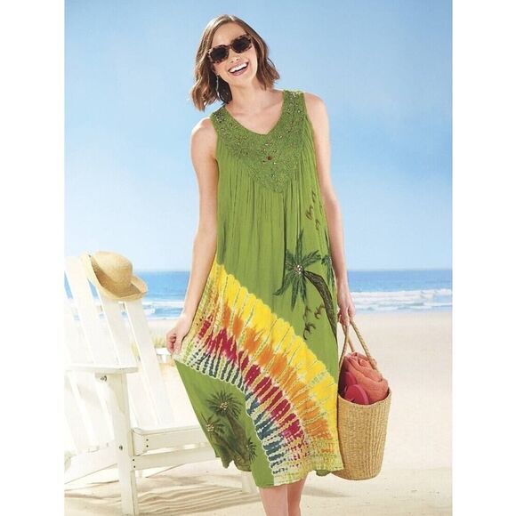 Metropolitan Dress Large L Green Art Wear Rainbow Tropical Flowy Cruise Maxi - Picture 1 of 7